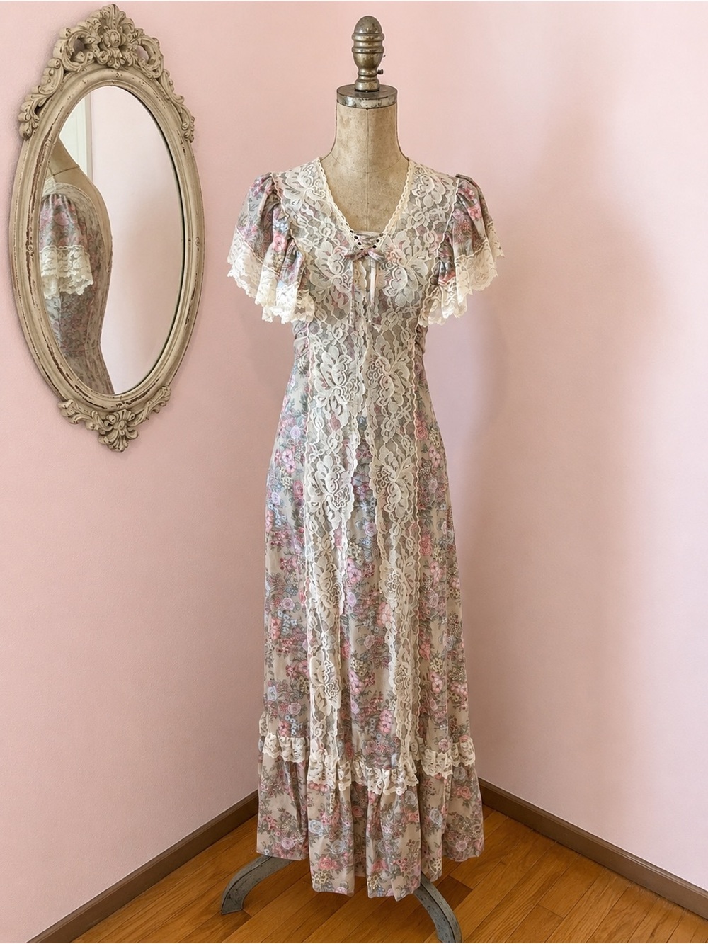 Milson of California Romantic Floral Lace Maxi Dress in Pink and Cream